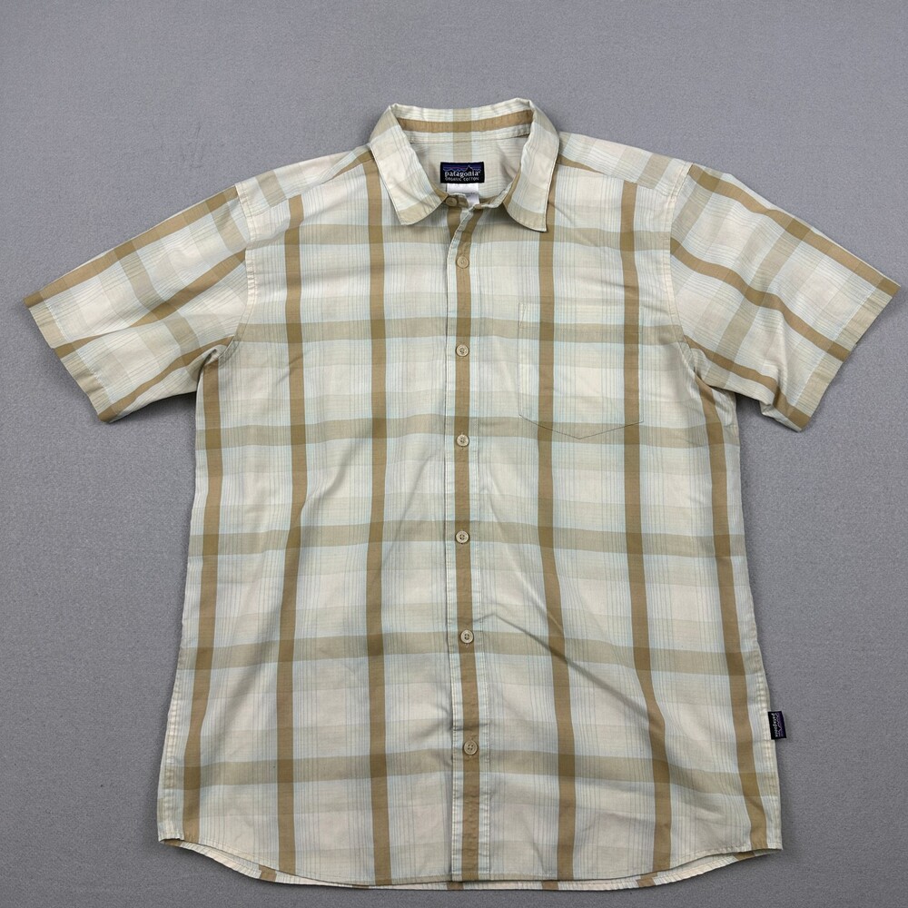 Patagonia Shirt Men Medium Beige Plaid Short Sleeve Organic Cotton Button Up M